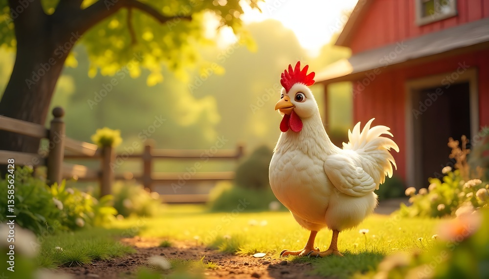 Fototapeta premium Charming Cartoon Chicken Standing in Sunlit Farmyard with Lively Background