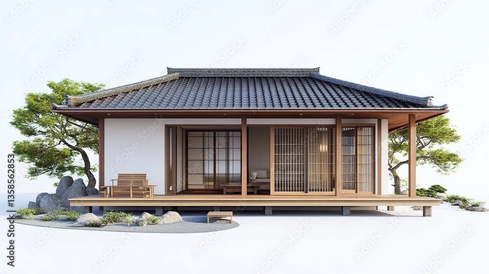 Fototapeta premium Small Japanese house with a neat tiled roof, wooden porch, and shoji screen windows, clean white backdrop, crisp and inviting tones. 