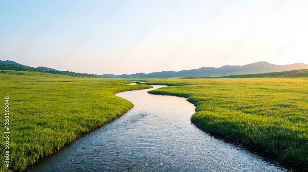 Obraz premium gentle river flowing through green meadows under clear blue sky with plenty of tranquil copy space to highlight serene