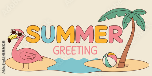Summer 3d text vector design. Summer greeting colorful text with flamingo wearing sunglasses and floaters in sand island seashore beach concept. Vector illustration summer 3d text design. 
