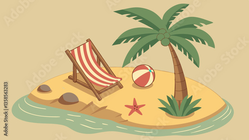 3D Deck Chair, Swim Ball, Starfish and Tropical Palm Tree. Tropical Island. Render Concept of Summer Vacation. Summer Holiday, Time to Travel. Beach Relaxation. Realistic Vector Illustration
