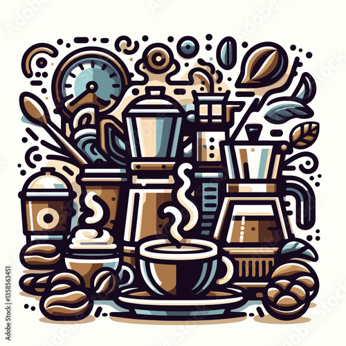 "Una vivace illustrazione colorata del logo di una caffetteria o negozio di caffè in formato clipart vettoriale premium su sfondo bianco, perfetta per branding e design."