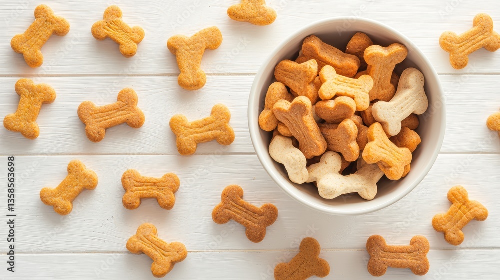 Fototapeta premium A carefully curated selection of crunchy bone-shaped pet treats in a bowl, ready to be enjoyed by a happy and well-fed dog