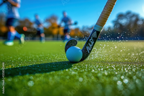 Close up of field hockey stick striking ball on green turf, capturing action and excitement of game. vibrant background adds to dynamic atmosphere
