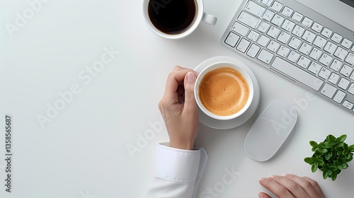 A Moment of Refreshment: An overhead shot of a workspace reveals a person's hand gracefully holding a cup of coffee, perfectly complementing a computer keyboard, mouse, and an exquisite green plant.