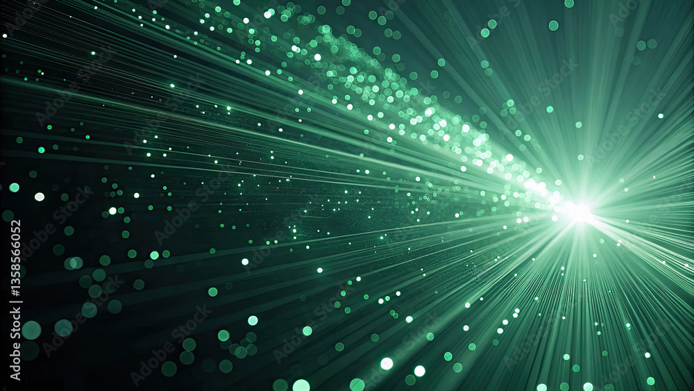 Fototapeta premium Abstract background with green glowing rays and bokeh dots. Big data concept. Vector for banner. Green tech wallpaper.