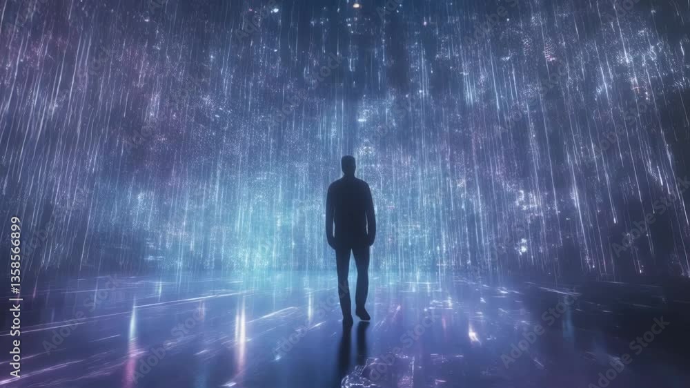 A solitary figure standing beneath a digital downpour the neonlit raindrops creating a mesmerizing spectacle as they interact with the persons mobile device causing it to project holographic A solitary figure standing beneath a digital downpour the neonlit raindrops creating a mesmerizing spectacle as they interact with the persons mobile device causing it to project holographic