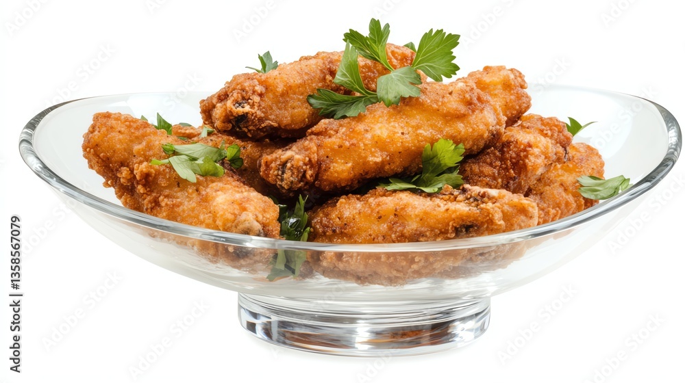 Fried chicken wings garnished with fresh herbs in a glass bowl. Fried chicken wings garnished with fresh herbs in a glass bowl.