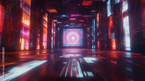 Seamless vj loop animation flying through a glowing neon cyber tunnel with colorful lights and reflections on the floor, perfect for music videos, events, and stage visuals