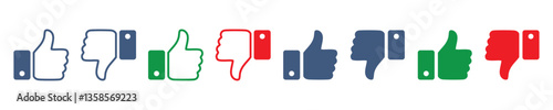 Thumb up, thumb down, like and dislike icons buttons set in color. Social media sign symbols. Isolated vector Illustration.