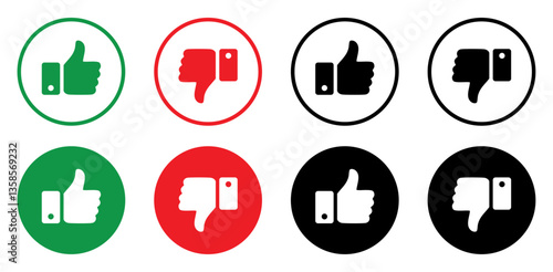 Thumb up, thumb down, like and dislike icons buttons collection in color. Silhouette and outline circle style. Isolated vector Illustration.