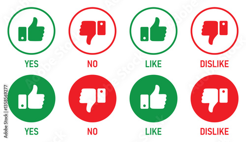 thumbs up, thumbs down, yes or no, like and dislike, icons buttons. like and dislike vector icon set in green, black and red circle. flat and outline style. vector illustration.