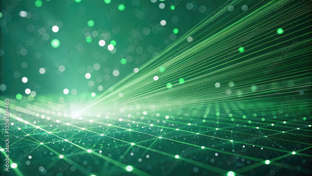 Fototapeta premium Abstract background with green glowing rays and bokeh dots. Big data concept. Vector for banner. Green tech wallpaper.