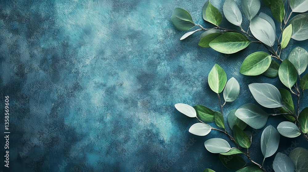 Serene Teal Background with Lush Greenery: Botanical Flatlay Photography Serene Teal Background with Lush Greenery: Botanical Flatlay Photography