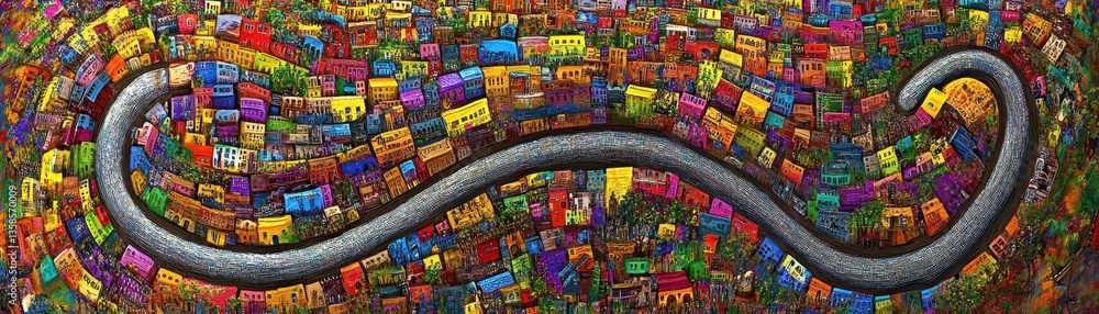 Fototapeta premium Vibrant painting featuring a striking snake coiled in the center, surrounded by a lively cityscape filled with colorful buildings, bustling streets, and a bright blue sky.