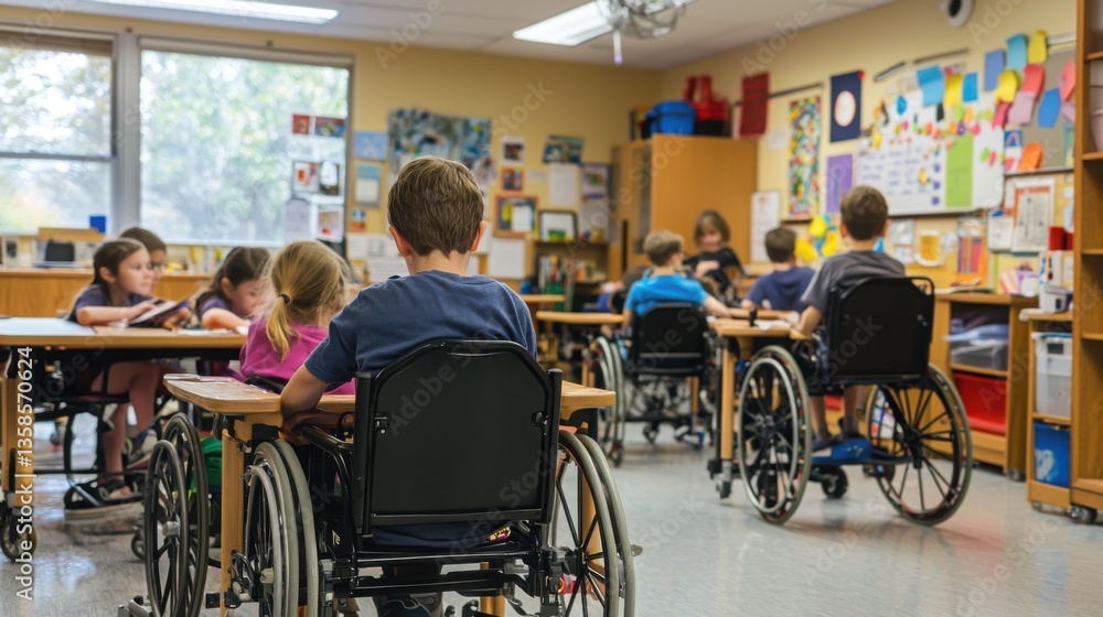 A child in a wheelchair utilizing inclusive classroom technology to foster participation and learning opportunities A child in a wheelchair utilizing inclusive classroom technology to foster participation and learning opportunities