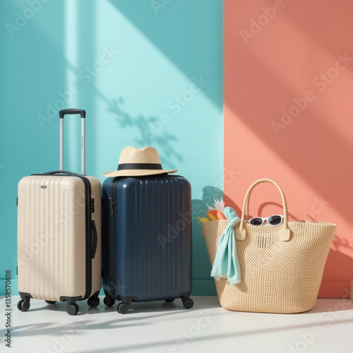 Packed suitcases and beach bag near color wall