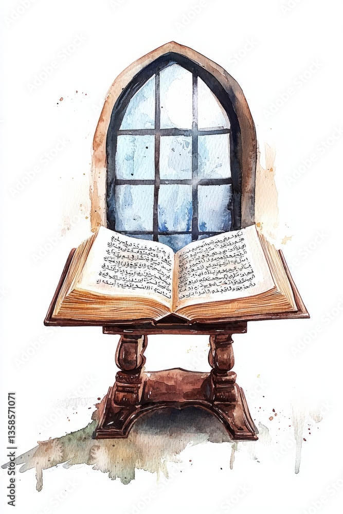 Fototapeta premium Watercolor painting of a peaceful prayer corner with an arched window and soft moonlight. The open Quran rests quietly on a carved stand, on isolated white background