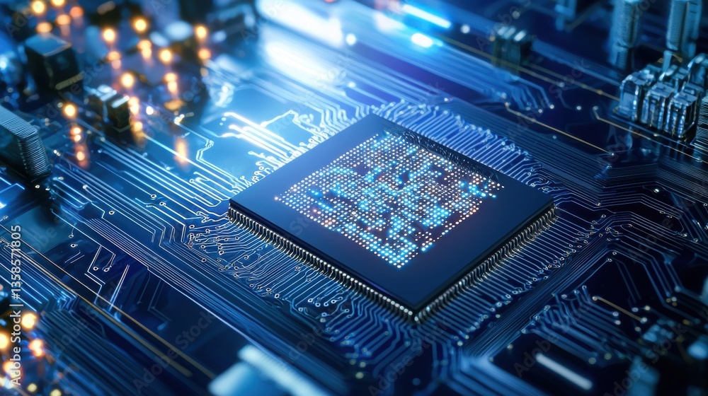 Intricate circuit board featuring advanced digital chip with focus on intelligent neural processing units and connectivity Intricate circuit board featuring advanced digital chip with focus on intelligent neural processing units and connectivity