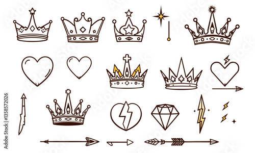 Crown illustrations featuring various designs, including hearts, diamonds, and arrows, evoke sense of royalty and elegance. These elements can be used for creative projects, invitations