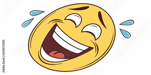High quality emoticon on white background. Laughing emoji with tears and closed eyes. Yellow face emoji laughing vector illustration. Popular chat elements. Lol emoticon.
