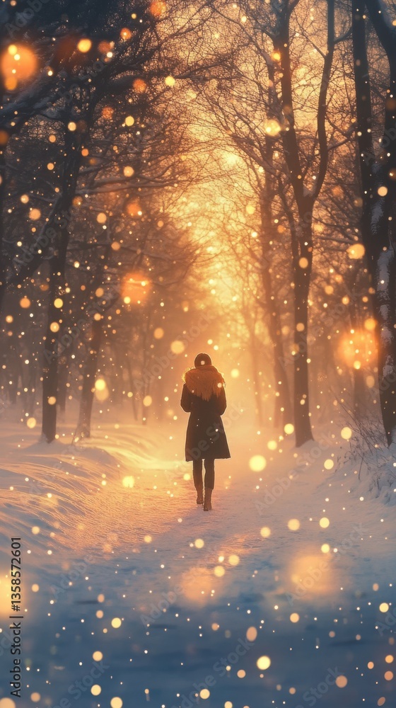 Fototapeta premium Sparkling golden bokeh lights in soft focus, glowing light effect. Vertical