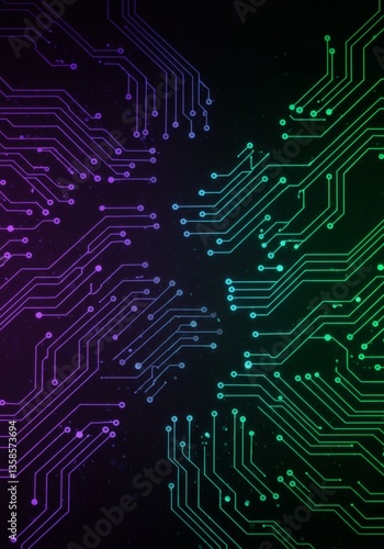 An abstract design of bright digital circuits, with lines and connections in shades of electric blue, green and neon purple.