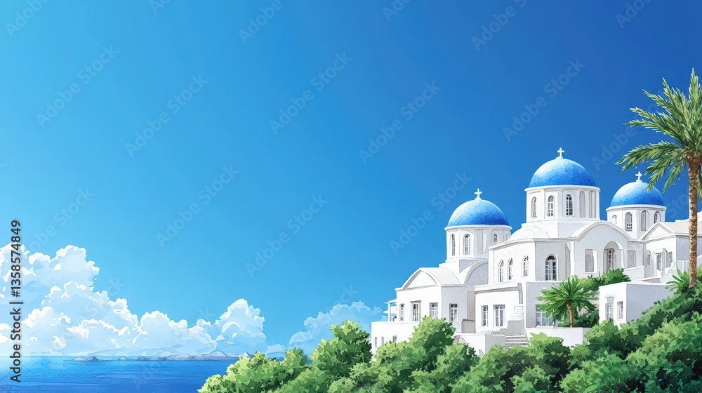 Obraz premium A picturesque illustration depicts a stunning whitewashed church with blue domes perched atop a verdant hillside overlooking a serene azure sea under a vibrant clear blue sky.