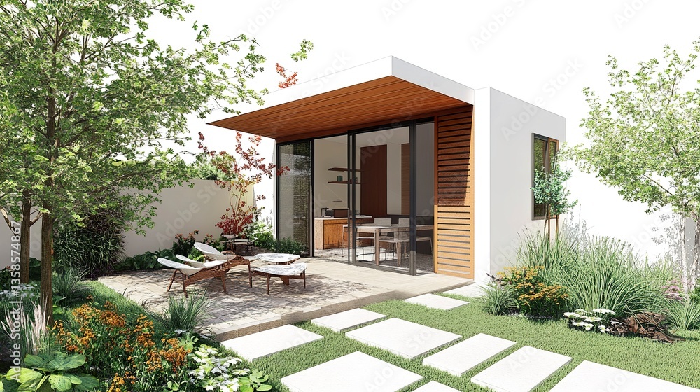Fototapeta premium A backyard cottage ADU with a modern design, featuring a compact footprint, a small patio area, and an inviting interior for flexible living. 