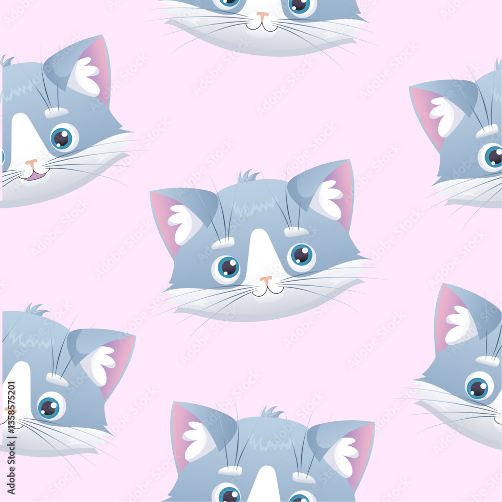 Fototapeta premium Seamless pattern cute gray cat on a pink background. Gray cat smiles and looks in different directions