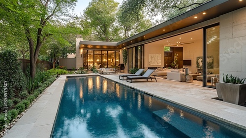 Wallpaper Mural A beautifully designed modern home showcasing a tranquil backyard with a sparkling pool, complemented by sleek outdoor furniture and lush greenery.   Torontodigital.ca