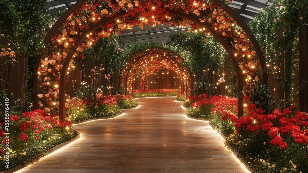 Fototapeta premium Illuminated rose garden pathway, romantic event, floral arches, nighttime
