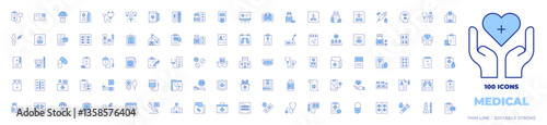 100 Medical Icons Collection. Line Duotone style, editable stroke. syringe, diagnosis, medicine, antidepressant, pap smear, blood test, medication, x rays, x ray