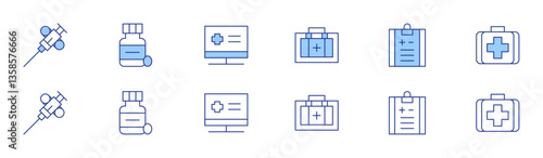 Medical icon set in two styles, Duotone and Thin Line style. Editable stroke. biopsy, medication, medical kit, medical report, first aid kit, hospital