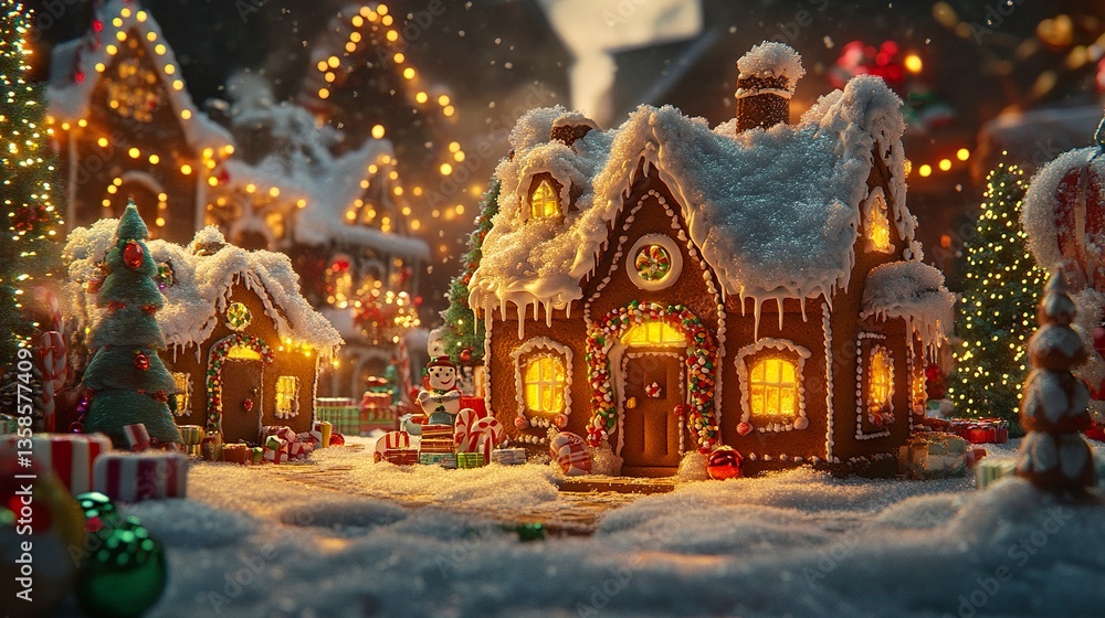 A charming holiday vignette with gingerbread houses decorated with icing snow, colorful candies, and warm yellow lights, set amidst Christmas decorations. A charming holiday vignette with gingerbread houses decorated with icing snow, colorful candies, and warm yellow lights, set amidst Christmas decorations.
