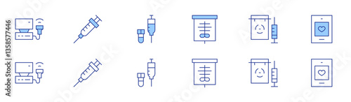 Medical icon set in two styles, Duotone and Thin Line style. Editable stroke. ultrasonography, injection, vaccine, x rays, medical, medical app