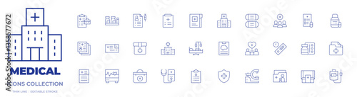 Medical icons collection. Thin Line icons, editable stroke. pills, hospital, blood bag, health, hospital bed, antidepressant, medical appointment, x ray