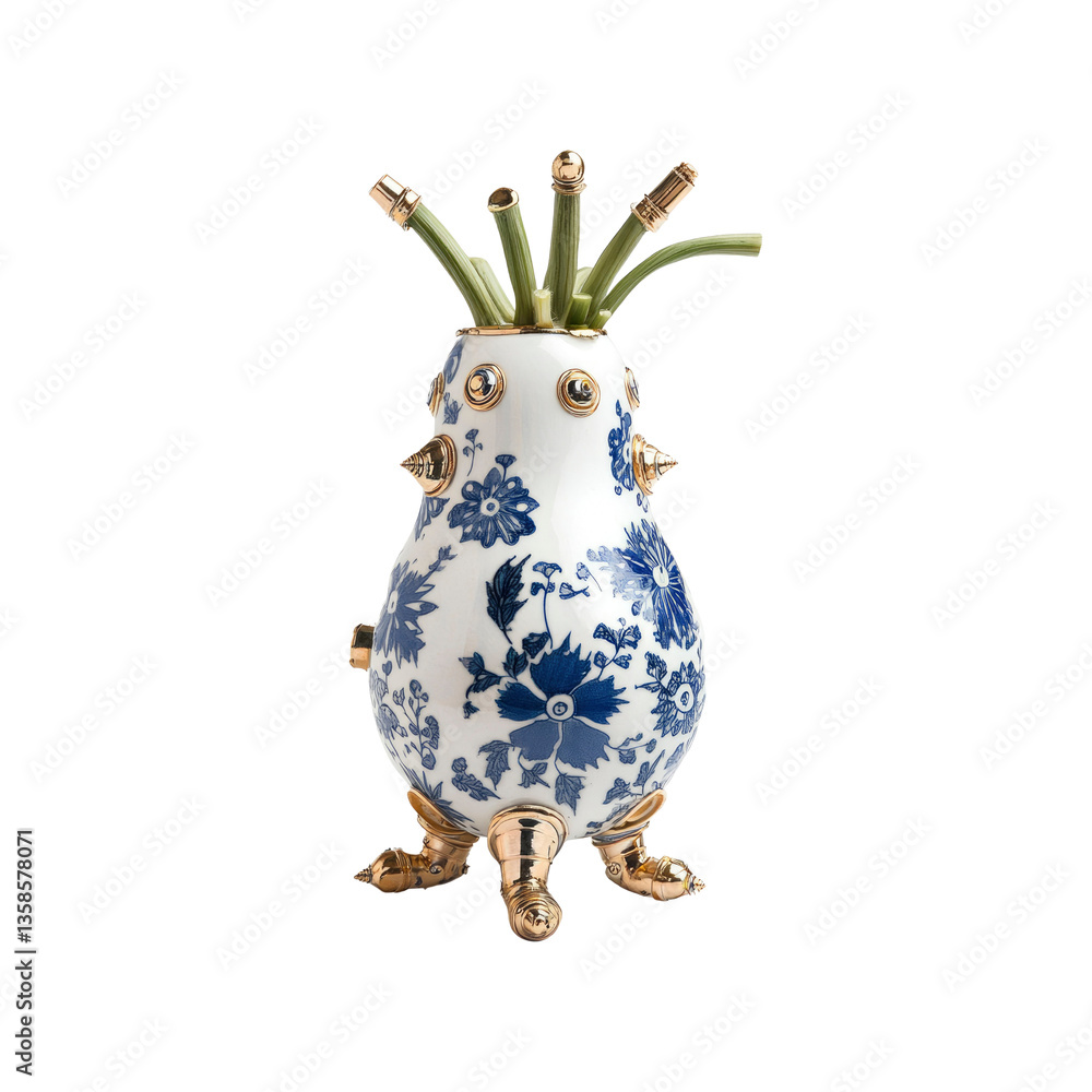Decorative Porcelain Vase with Gold Accents and Floral Design