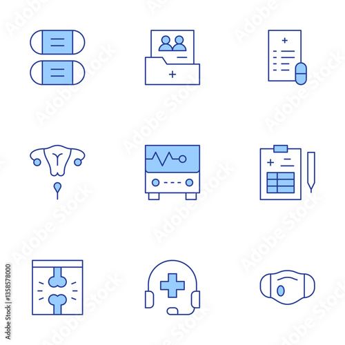 Medical icons set. Line Duotone style, editable stroke. pap smear, x rays, medical mask, medical check, medical prescription, patient, cardiogram