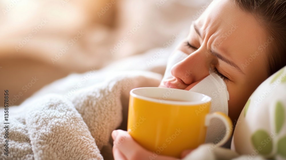 Nasal congestion with person resting with a cup of tea and a warm blanket. Featuring relaxation and relief Nasal congestion with person resting with a cup of tea and a warm blanket. Featuring relaxation and relief