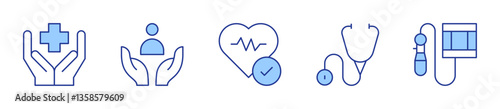 tensiometer, care, benefits, healthcare, stethoscope. Medical Icon vector illustration. Line Duotone style. Editable stroke
