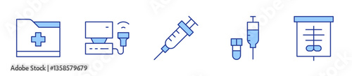 ultrasonography, injection, vaccine, x rays, medical report. Medical Icon vector illustration. Line Duotone style. Editable stroke