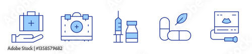 vaccine, pills, sonography, medical box, medical kit. Medical Icon vector illustration. Line Duotone style. Editable stroke