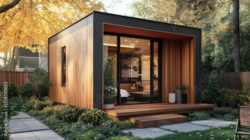 A contemporary backyard ADU with a stylish wooden exterior  functional interior space  and thoughtful landscaping  ideal for multi-generational living. 