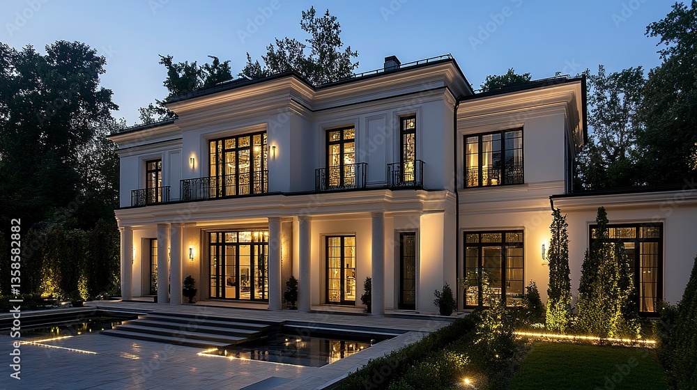 Fototapeta premium A contemporary two-story residence with white walls, large, reflective windows, and artfully placed garden lighting, glowing warmly at dusk in Poland.