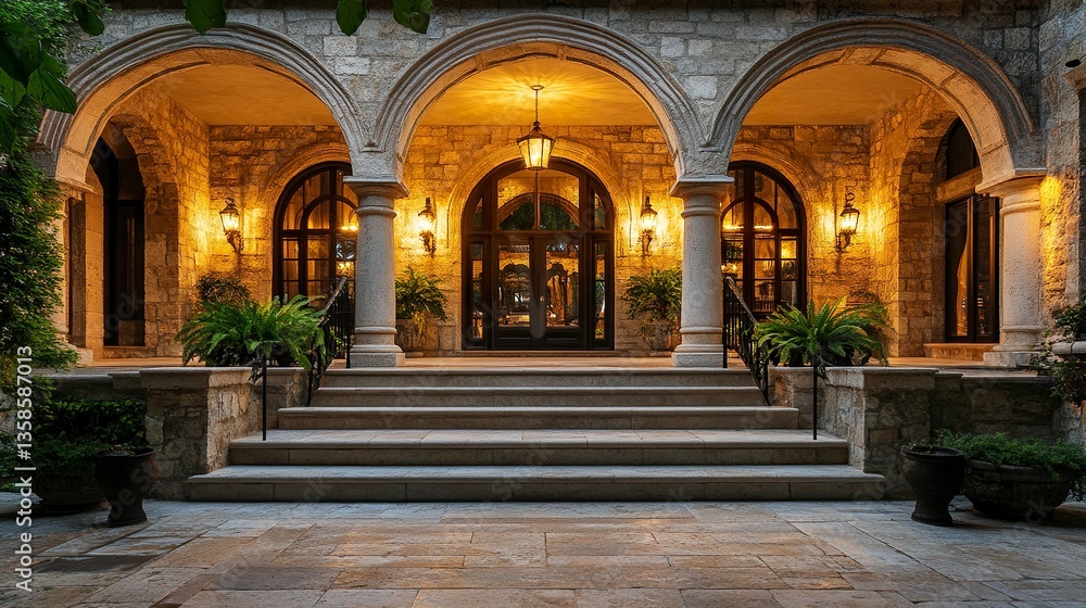Fototapeta premium A lavish residence with a large porch designed with stately arched openings, beautifully textured stonework, and elegant lighting for a dramatic effect. 