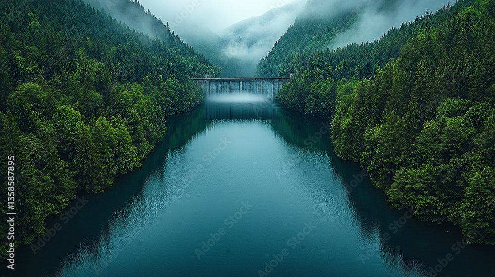 Hydroelectric dam in misty forest valley, renewable energy source blending with nature. Hydroelectric dam in misty forest valley, renewable energy source blending with nature.