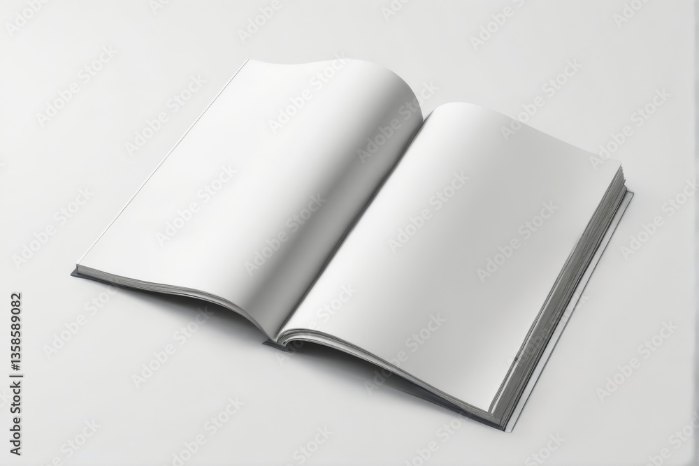 3D Render of Open Book Magazine on White Background with Blank Pages in Good Condition, Angled View 3D Render of Open Book Magazine on White Background with Blank Pages in Good Condition, Angled View