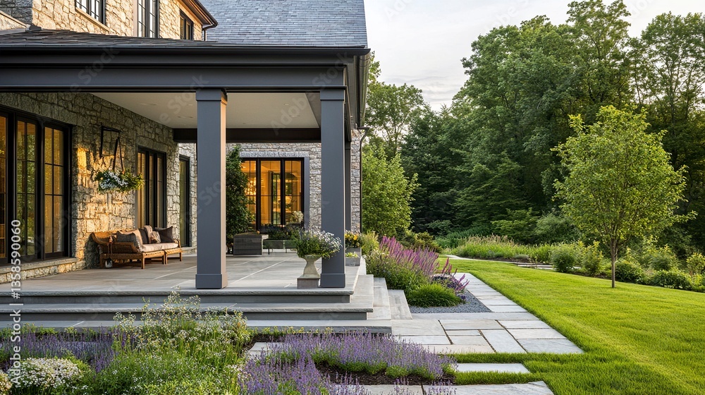 Obraz premium A modern architectural house with a spacious front porch framed by stone columns, complementing its clean, geometric design 
