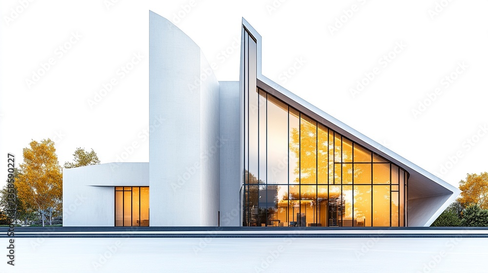 A modern church with a sleek facade, large glass windows, and minimalist design, cleanly isolated on a crisp white background.